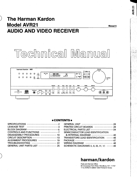 Harman Kardon AVR21 Channel Audio Video Receiver Technical Service Manual