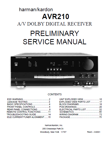Harman Kardon AVR210 AV Dolby Digital Receiver Preliminary Service Manual