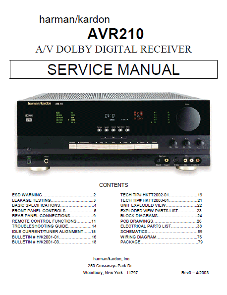 Harman Kardon AVR210 AV Dolby Digital Receiver Service Manual
