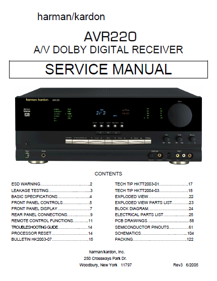 Harman Kardon AVR220 AV Dolby Digital Receiver Service Manual