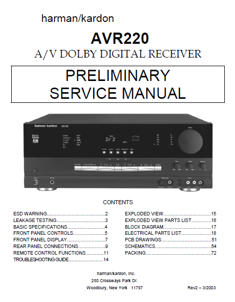 Harman Kardon AVR220 AV Dolby Digital Receiver Preliminary Service Manual