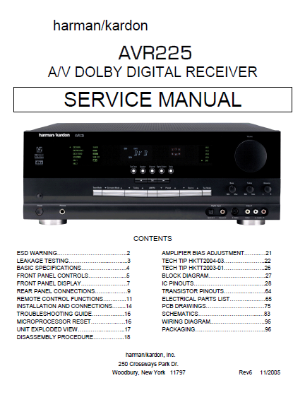 Harman Kardon AVR225 AV Dolby Digital Receiver Service Manual