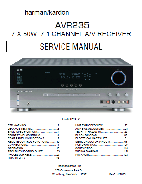 Harman Kardon AVR235 Channel AV Receiver Service Manual