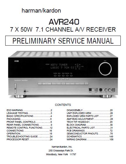 Harman Kardon AVR240 Channel AV Receiver Service Manual