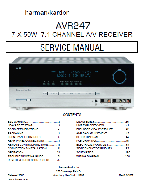 Harman Kardon AVR247 Channel AV Receiver Service Manual