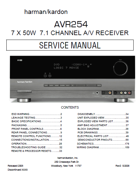 Harman Kardon AVR254 Channel AV Receiver Service Manual