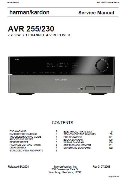 Harman Kardon AVR 255-230 Channel AV Receiver Service Manual