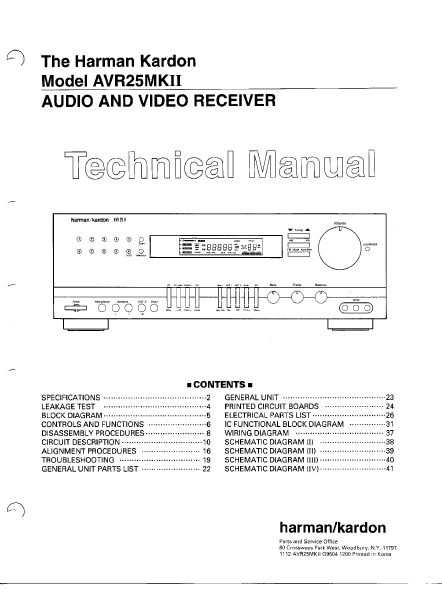 Harman Kardon Model AVR25MKII Audio Video Receiver Service Manual