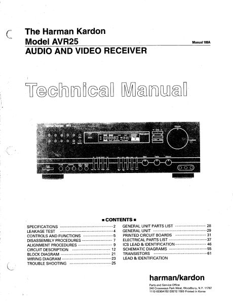 Harman Kardon AVR25 Audio Video Receiver Technical Service Manual