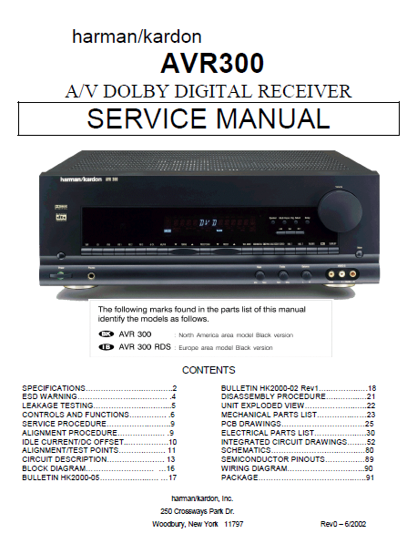 Harman Kardon Model AVR300 Dolby Digital Receiver Service Manual