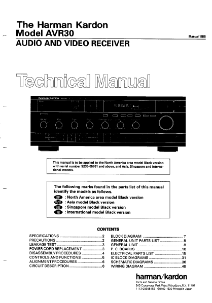 Harman Kardon Model AVR30 Audio Video Receiver Technical Service Manual