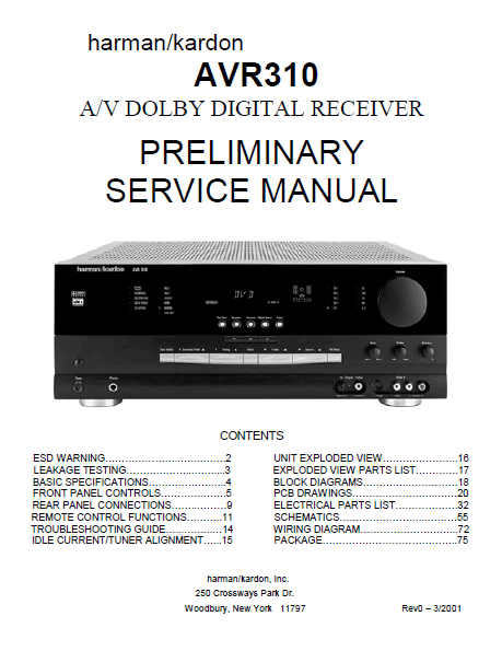 Harman Kardon Model AVR310 AV Dolby Digital Receiver Preliminary Service Manual