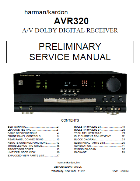 Harman Kardon Model AVR320 AV Dolby Digital Receiver Preliminary Service Manual