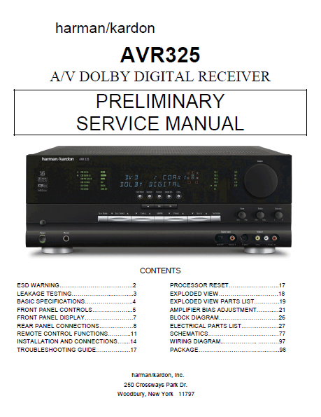 Harman Kardon Model AVR325 AV Dolby Digital Receiver Preliminary Service Manual