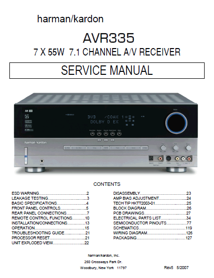 Harman Kardon Model AVR335 Channel AV  Receiver Service Manual