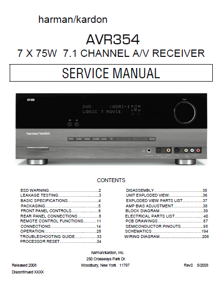 Harman Kardon Model AVR354 Channel AV Receiver Service Manual