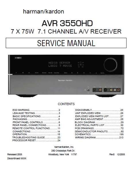Harman Kardon Model AVR 3550HD Channel AV Receiver Service Manual