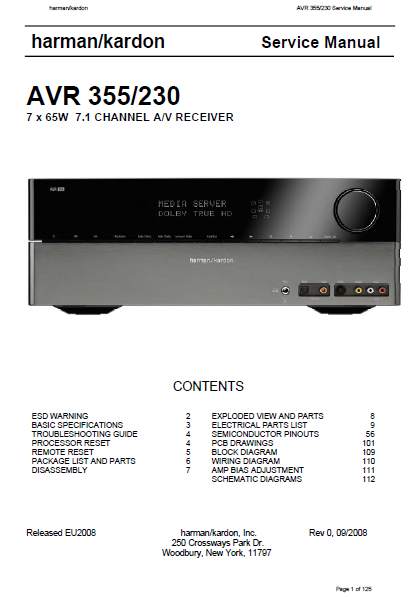 Harman Kardon Model AVR 355-230 Channel AV Receiver Service Manual