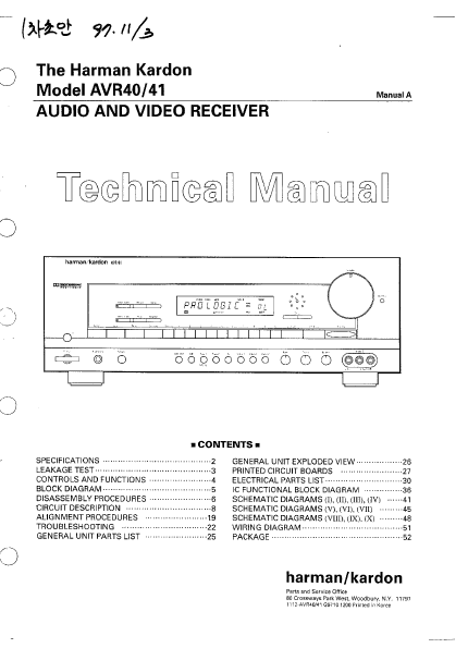 Harman Kardon Model AVR 40-41 Audio Video Receiver Technical Service Manual