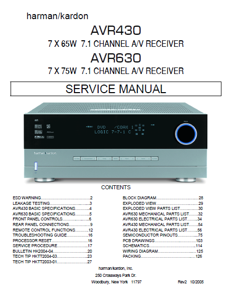 Harman Kardon Model AVR430-AVR630 Channel AV Receiver Service Manual