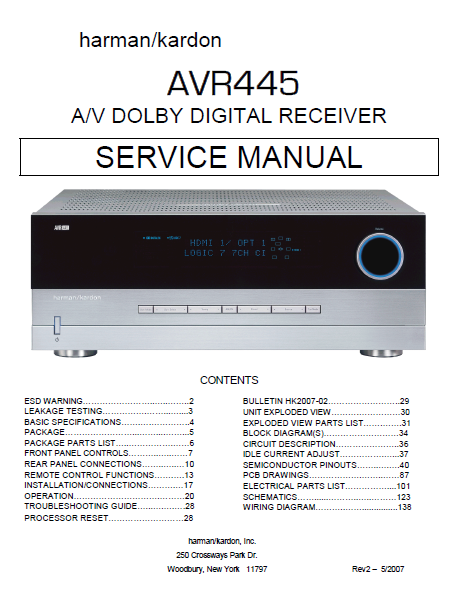 Harman Kardon Model AVR445 AV Dolby Digital Receiver Service Manual
