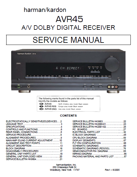 Harman Kardon Model AVR45 AV Dolby Digital Receiver Service Manual