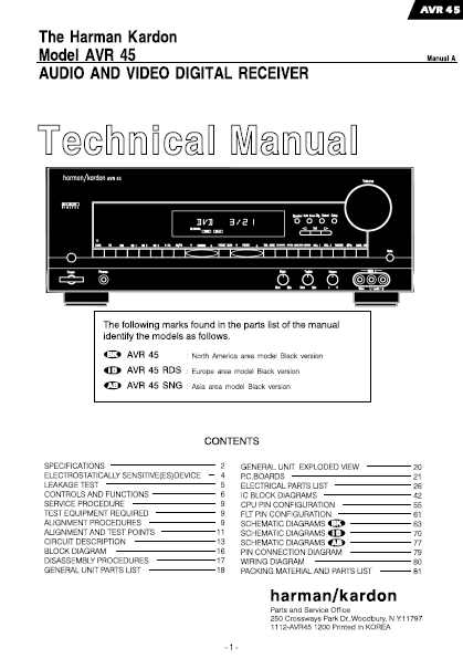 Harman Kardon Model AVR 45 Audio Video Digital Receiver Technical Service Manual