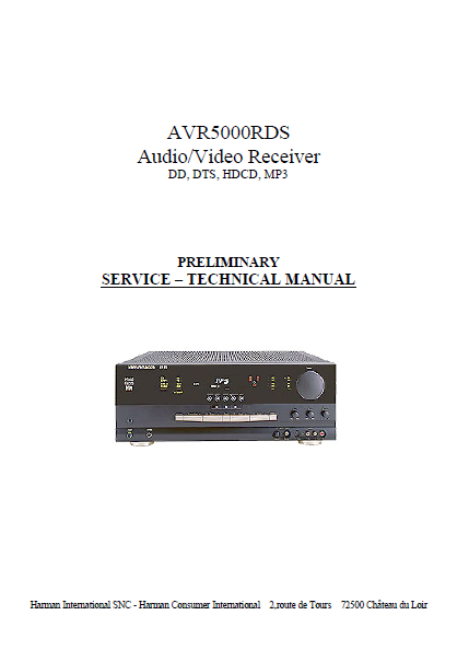 Harman Kardon Model AVR5000RDS Audio Video Receiver Preliminary Technical Service Manual