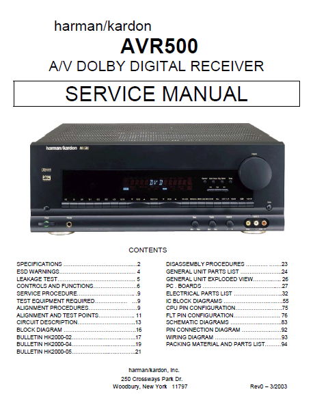 Harman Kardon Model AVR500 AV Dolby Digital Receiver Service Manual