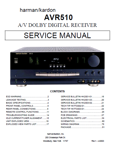 Harman Kardon Model AVR510 AV Dolby Digital Receiver Service Manual