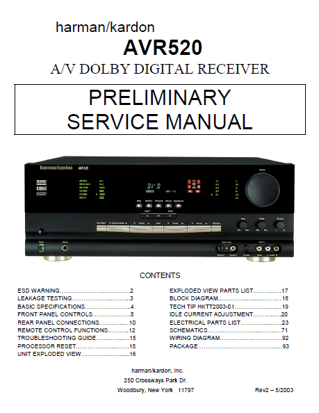 Harman Kardon Model AVR520 AV Dolby Digital Receiver Preliminary Service Manual