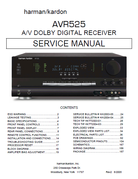 Harman Kardon Model AVR525 AV Dolby Digital Receiver Rev2 Service Manual