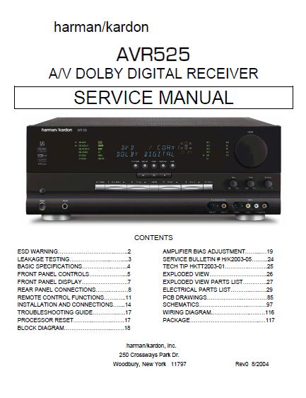 Harman Kardon Model AVR525 AV Dolby Digital Receiver Service Manual