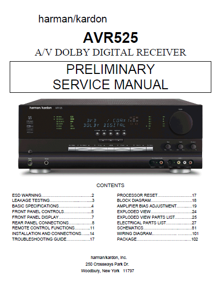 Harman Kardon Model AVR525 AV Dolby Digital Receiver Preliminary Service Manual