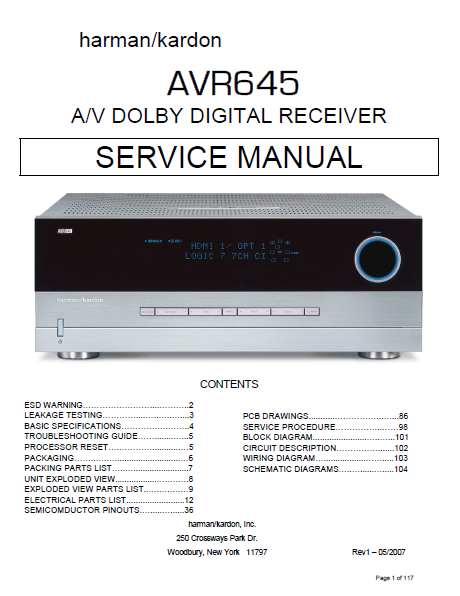 Harman Kardon Model AVR645 AV Dolby Digital Receiver Service Manual