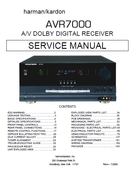 Harman Kardon Model AVR7000 AV Dolby Digital Receiver Rev4 Service Manual