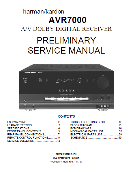 Harman Kardon Model AVR7000 AV Dolby Digital Receiver Preliminary Service Manual