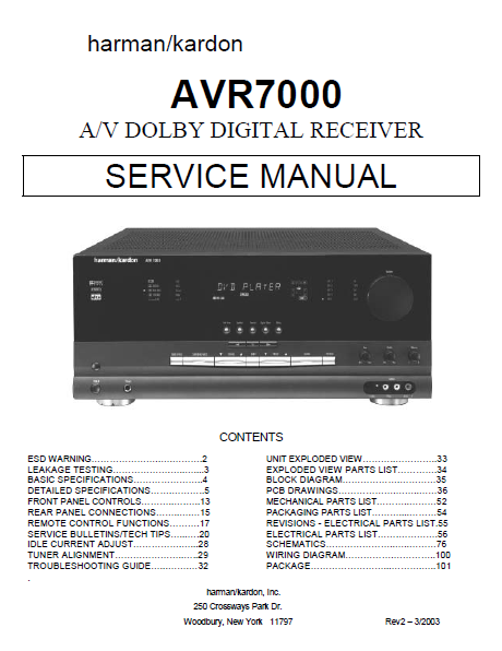 Harman Kardon Model AVR7000 AV Dolby Digital Receiver Rev2 Service Manual