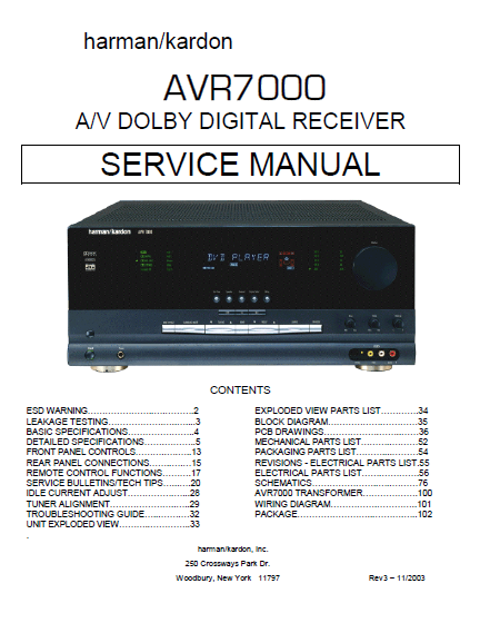 Harman Kardon Model AVR7000 AV Dolby Digital Receiver Rev3 Service Manual