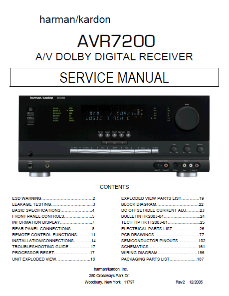 Harman Kardon Model AVR7200 AV Dolby Digital Receiver Service Manual