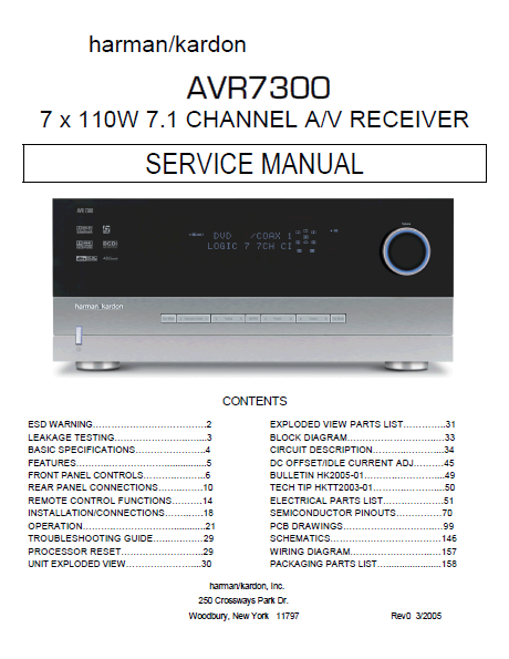 Harman Kardon Model AVR7300 Channel AV Receiver Service Manual