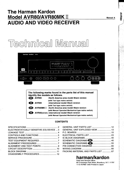 Harman Kardon Model AVR80-AVR80MK II Audio Video Receiver Technical Service Manual