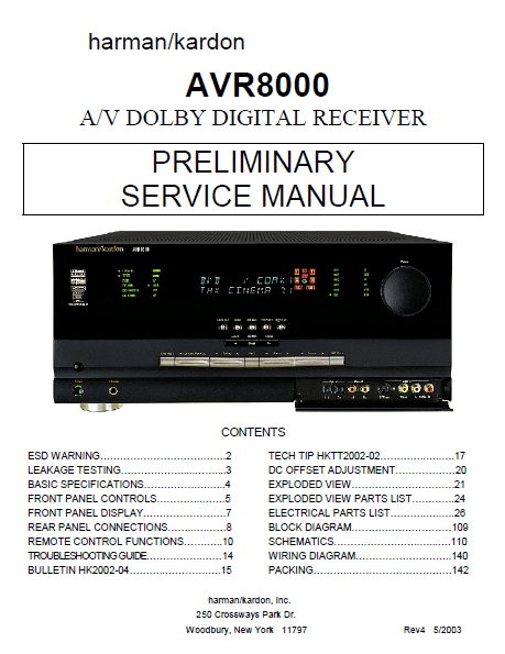 Harman Kardon Model AVR8000 AV Dolby Digital Receiver Preliminary Service Manual