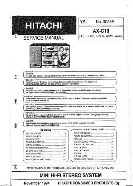 HITACHI AX-C10 Mini HI-FI Stereo System Service Manual