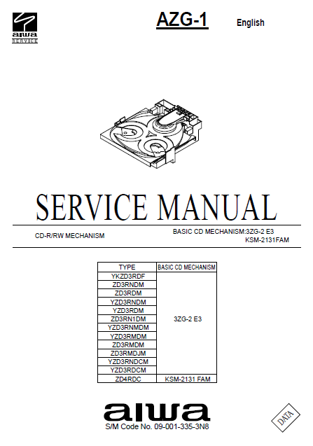 AIWA AZG-1 Basic CD Mechanism 3ZG-2 E3 Service Manual