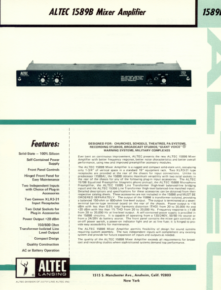 ALTEC LANSING 1589B Mixer Amplifier Operations Manual