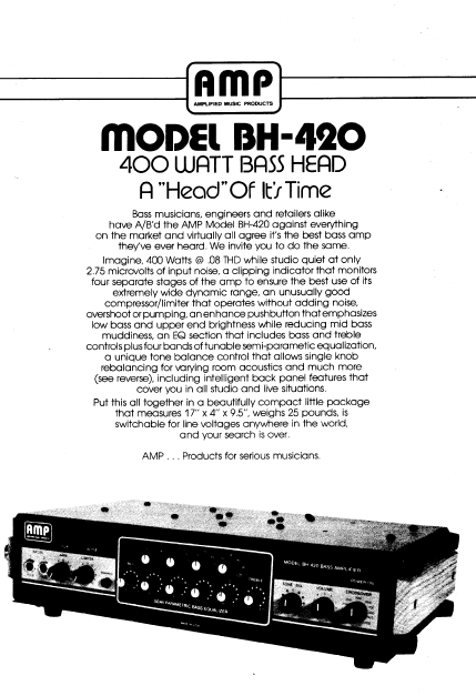 AMPLIFIED BH-420 Music Products Service Manual