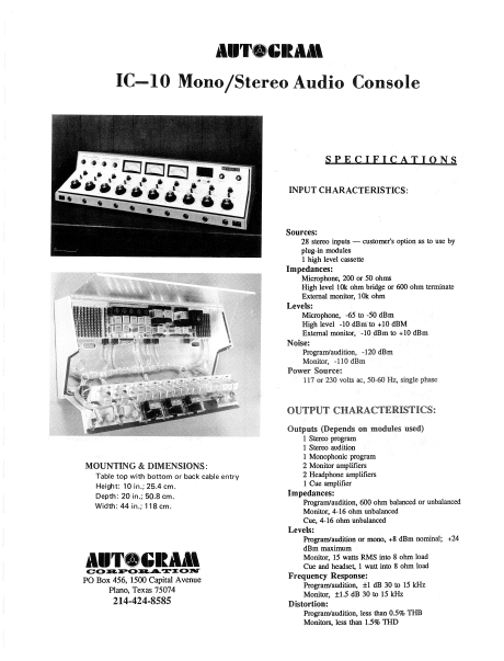 AUTOGRAM IC10-LC10 Audio Console Service Manual