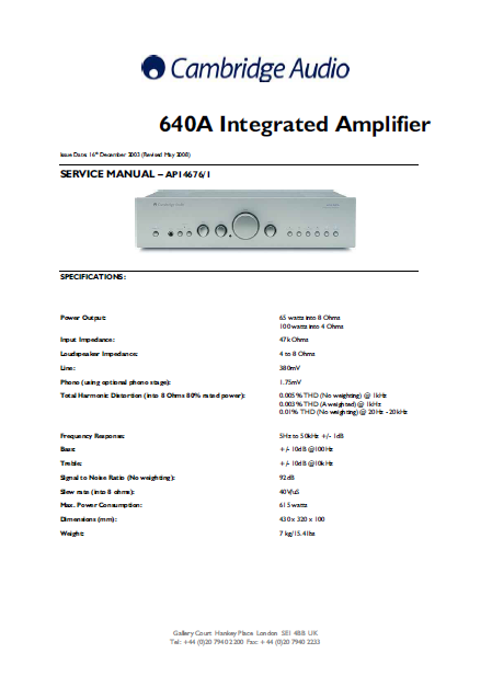 Cambridge Audio 640A Integrated Amplifier Service Manual