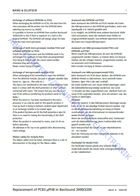 B.O Beosound 3000 EEPROM Exchange Owner's Manual